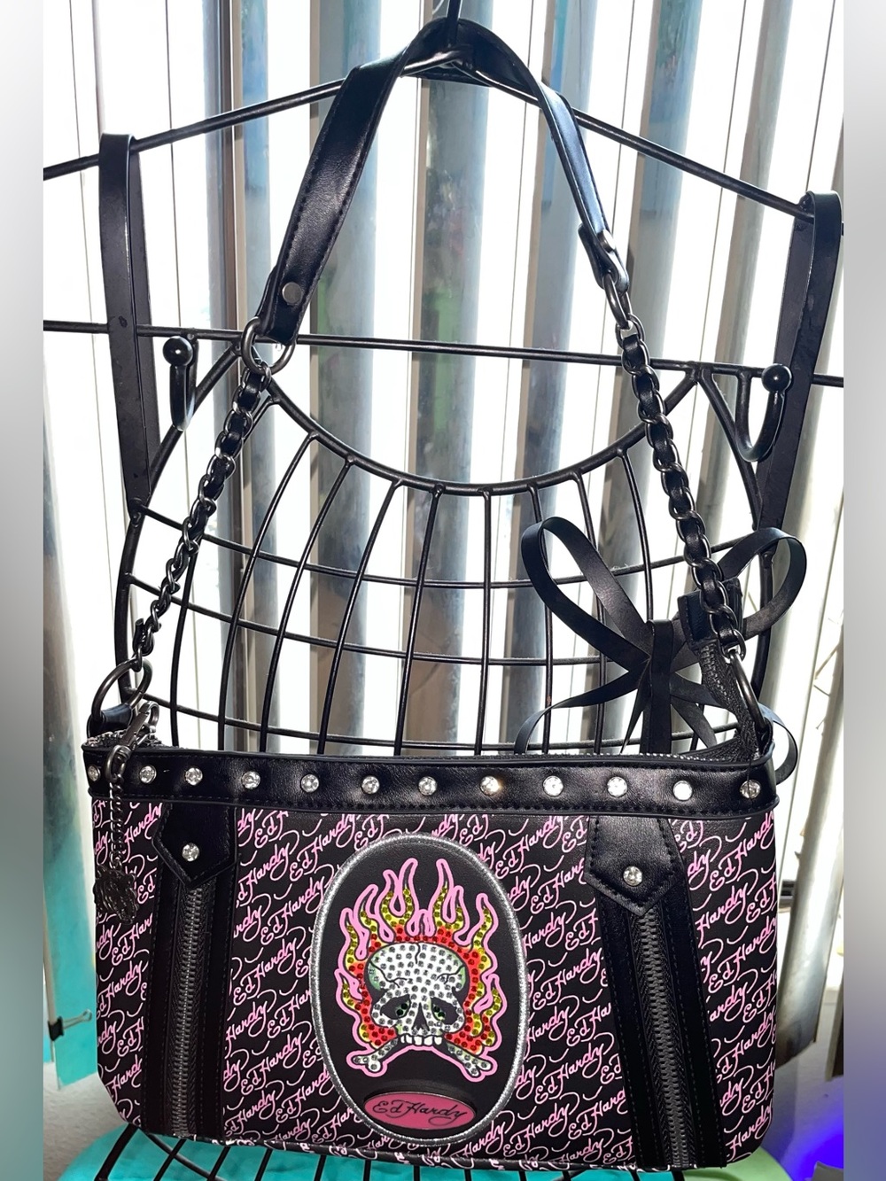 Ed Hardy Black & Pink Studded Skull Flame Shoulder Bag